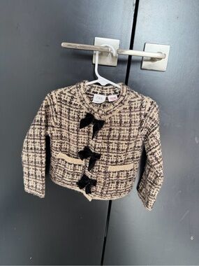 Zara Kids Cream and Black Tweed Jacket with Velvet Bows